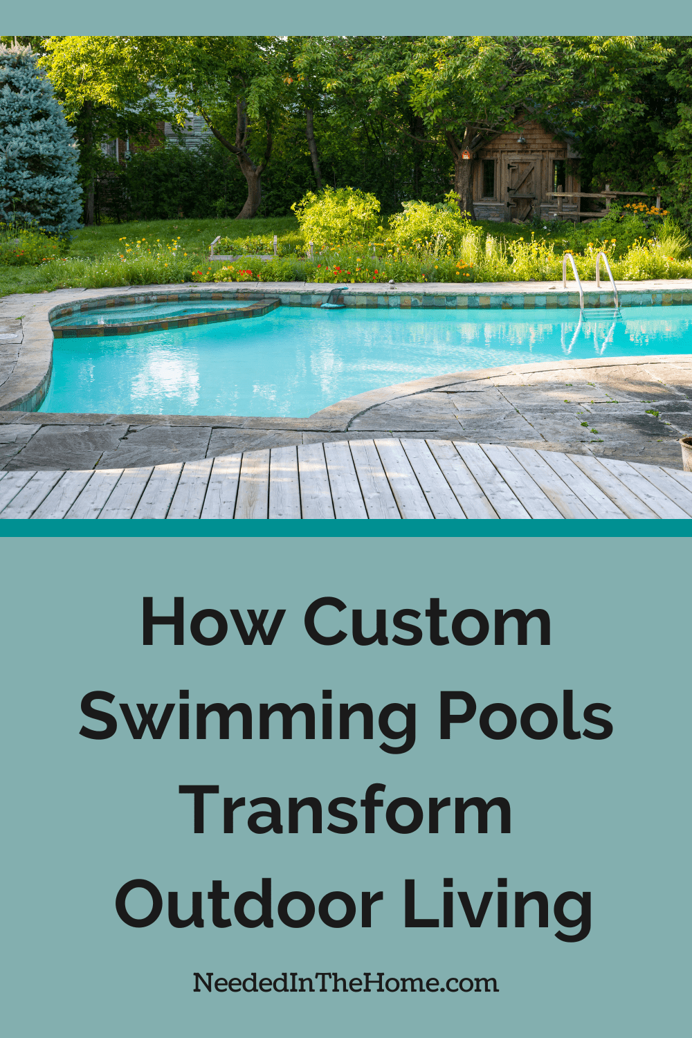 custom swimming pool in backyard near flower garden and outdoor small wooden playhouse how custom swimming pools transform outdoor living neededinthehome