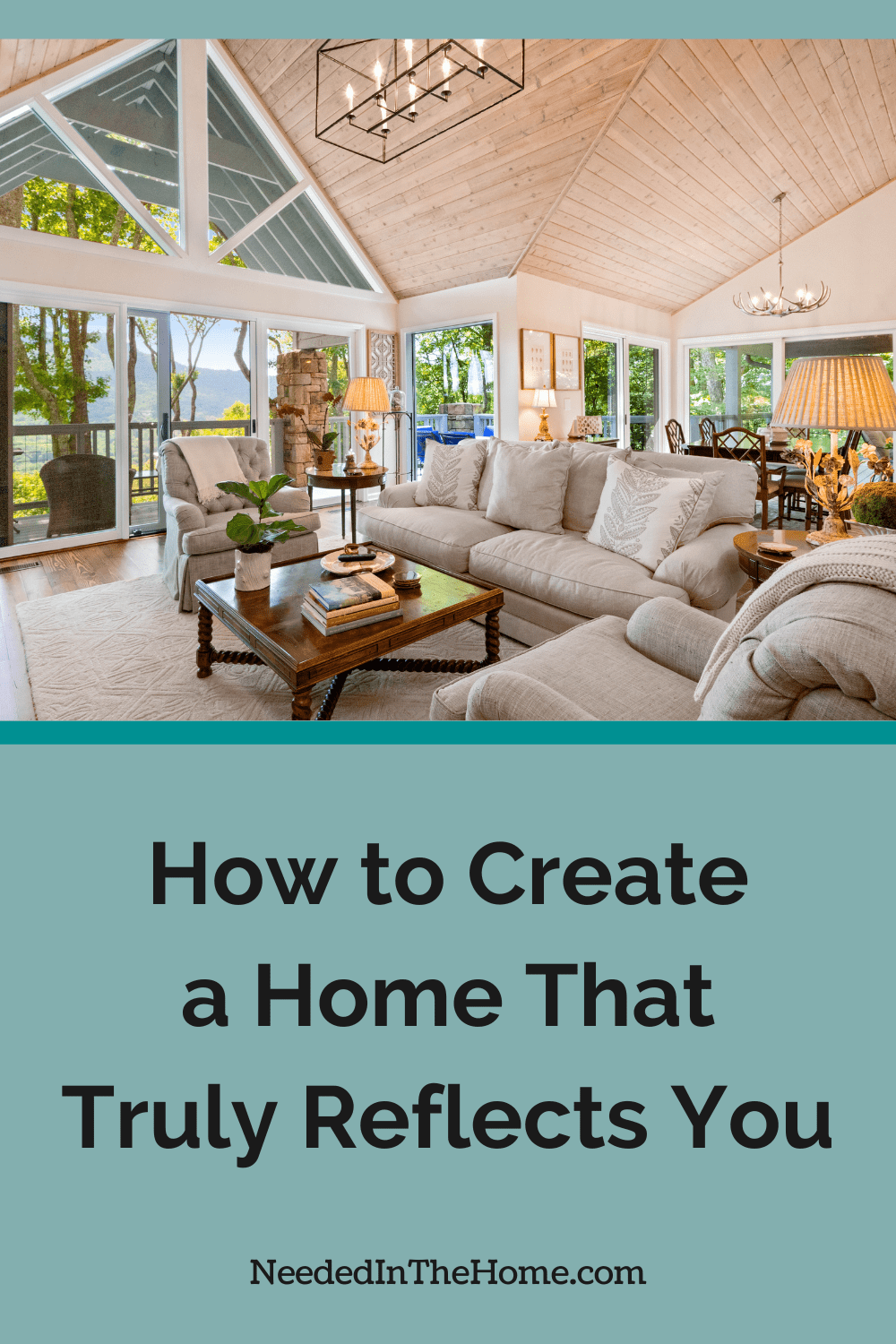 open concept living room dining room with couch and chairs blankets pillows coffee table books plant lighting how to create a home that truly reflects you neededinthehome