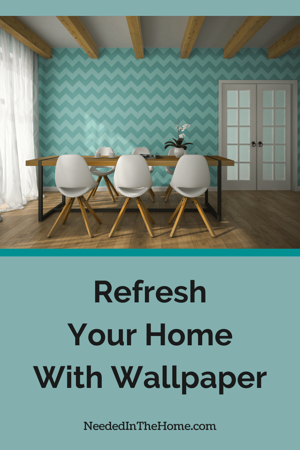 green chevron wallpaper in a dining room with table and chairs refresh your home with wallpaper neededinthehome