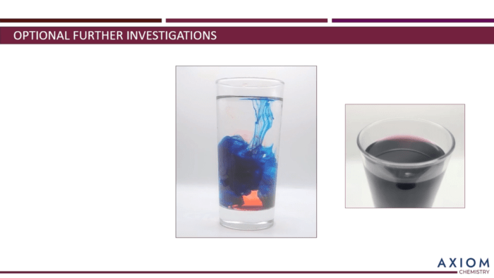 This is our product review of the Axiom Science High School Chemistry online course with 191 videos, 50 self-grading quizzes, and 20 Labs. axiom chemistry lab optional further investigations with glass that has blue and red food coloring and a glass of purple liquid