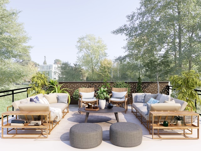 Whether you picture a cozy reading nook or a lively party zone, there are plenty of outdoor design ideas to make your home more functional. outdoor patio space with furniture couches chairs ottomans table large potted plants