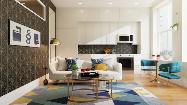 living room kitchen area with brown geometric wallpaper accents