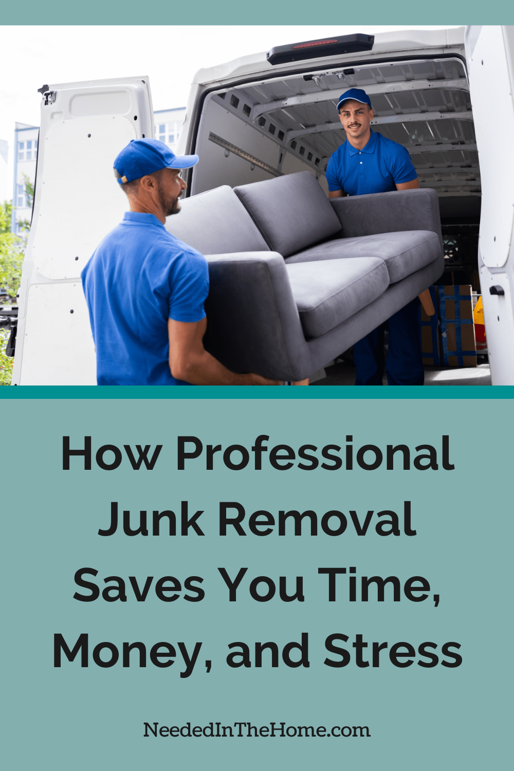 What most people describe after a cleanout with professional junk removal is relief at no longer thinking about it. two men putting a couch into a van how professional junk remobal saves you time money and stress neededinthehome