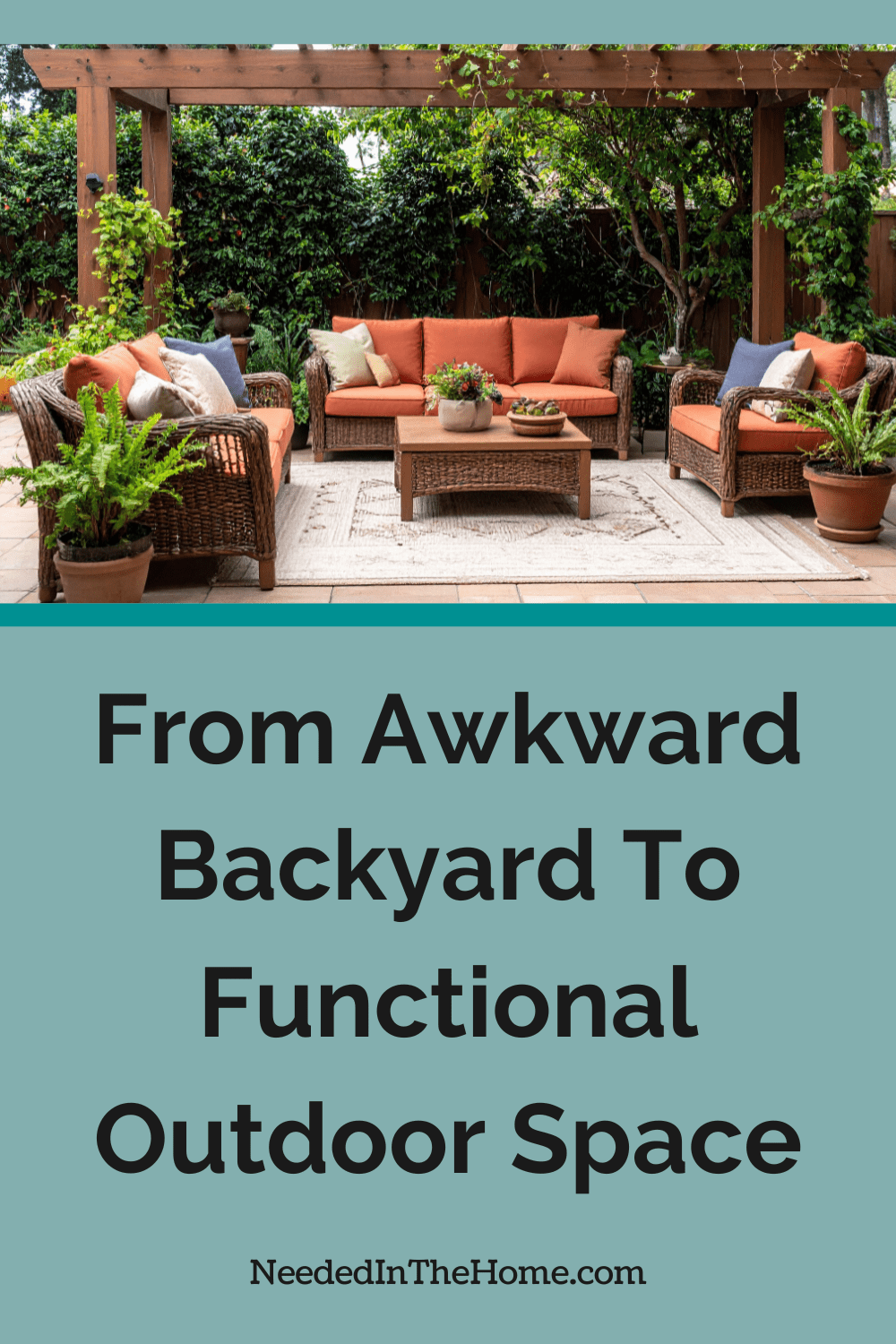 tiny backyard made useful with wooden pergola over outdoor wicker furniture on patio from awkward backyard to functional outdoor space neededinthehome