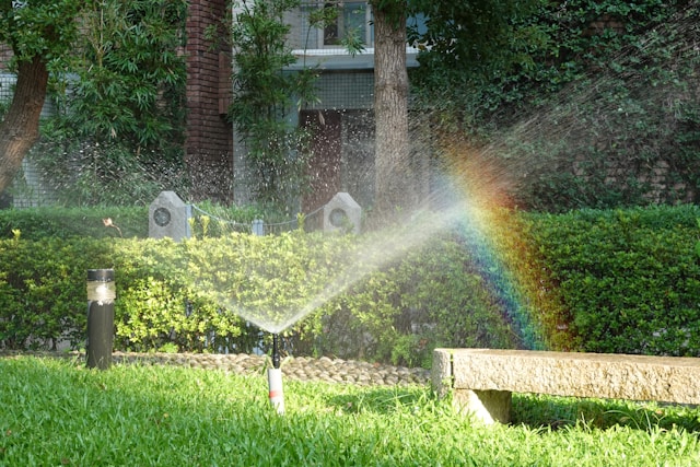 backyard sprinkler with hedge, rainbow in water stream