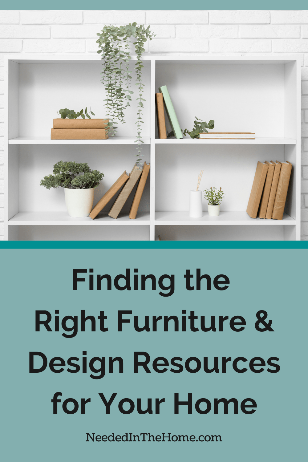 To find the right furniture and design resources for your home, break it down into easy steps. We'll help you show off your personality. minimalistic bookshelf with books covered in kraft paper and white pots for plants finding the right furniture and design resources for your home neededinthehome