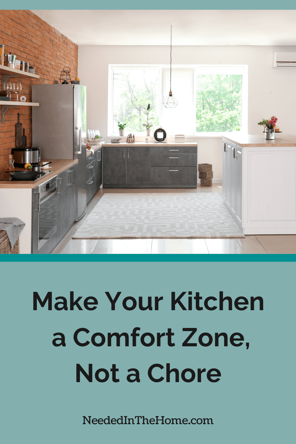 With a few thoughtful tweaks, you can turn your kitchen from a place of work into a comfort zone that doesn't feel like chores. kitchen with refrigerator stove and sink all within reach and center island for additional seating rug on floor make your kitchen a comfort zone not a chore neededinthehome
